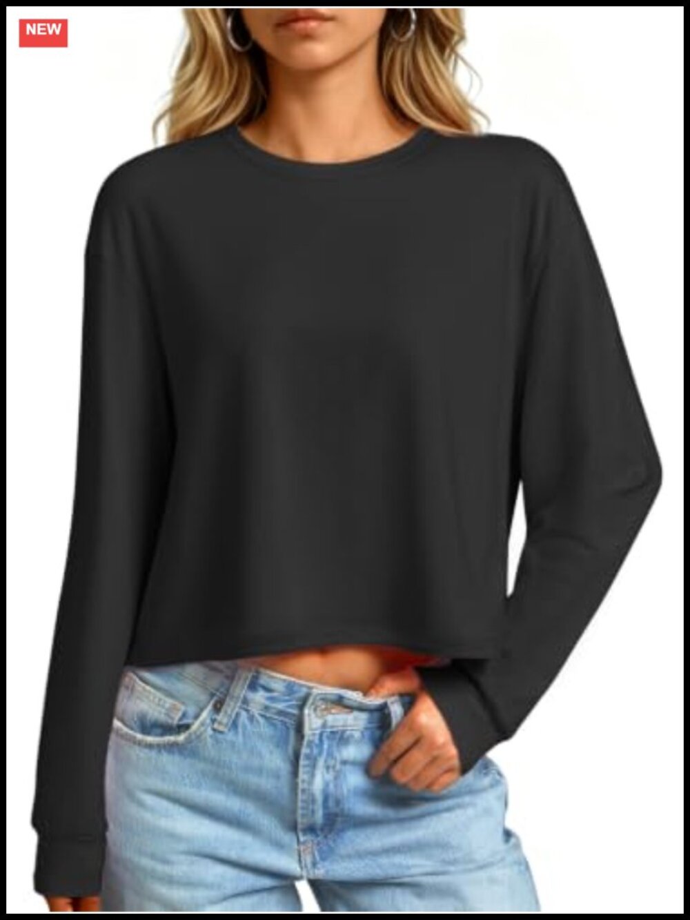 Women's Long Sleeve Crop Top Loose Fit Cotton Cropped T-Shirt
